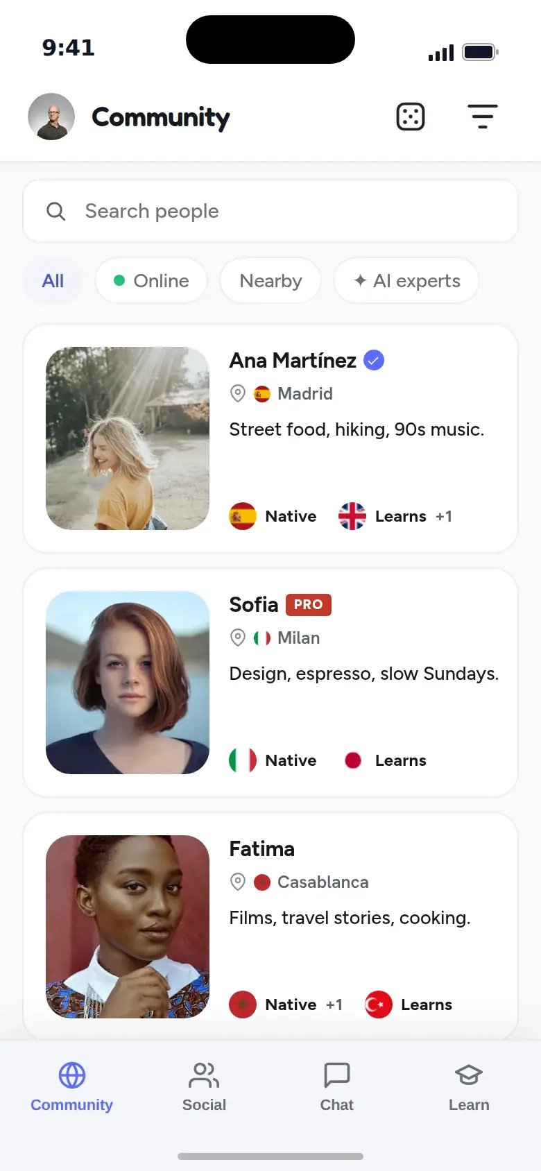 The talksibi community wall, showing members to practise with