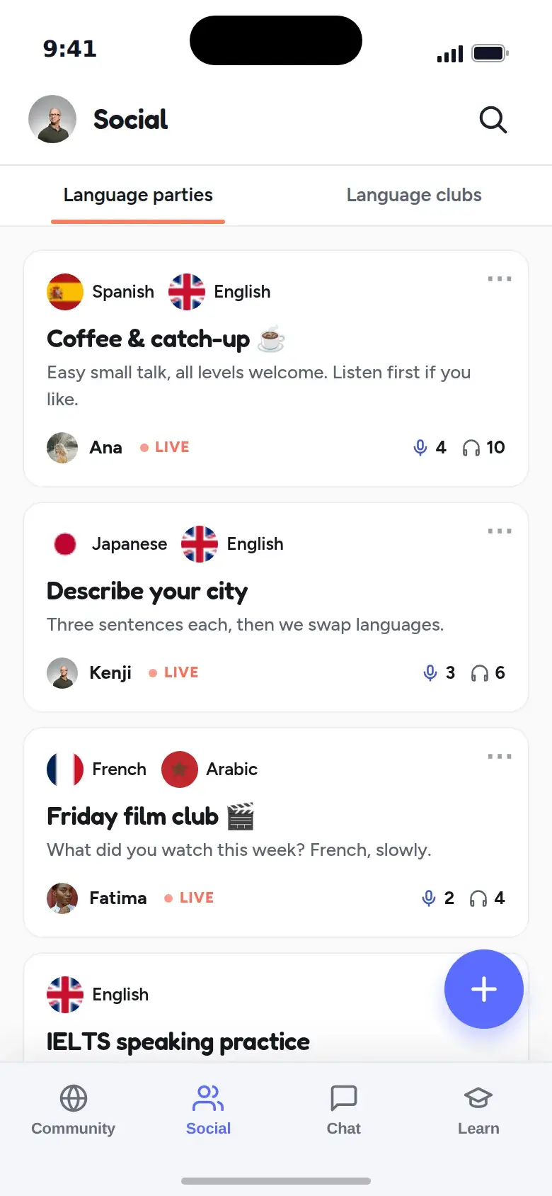 Live language parties in the talksibi app, each with its languages, a topic and who is speaking