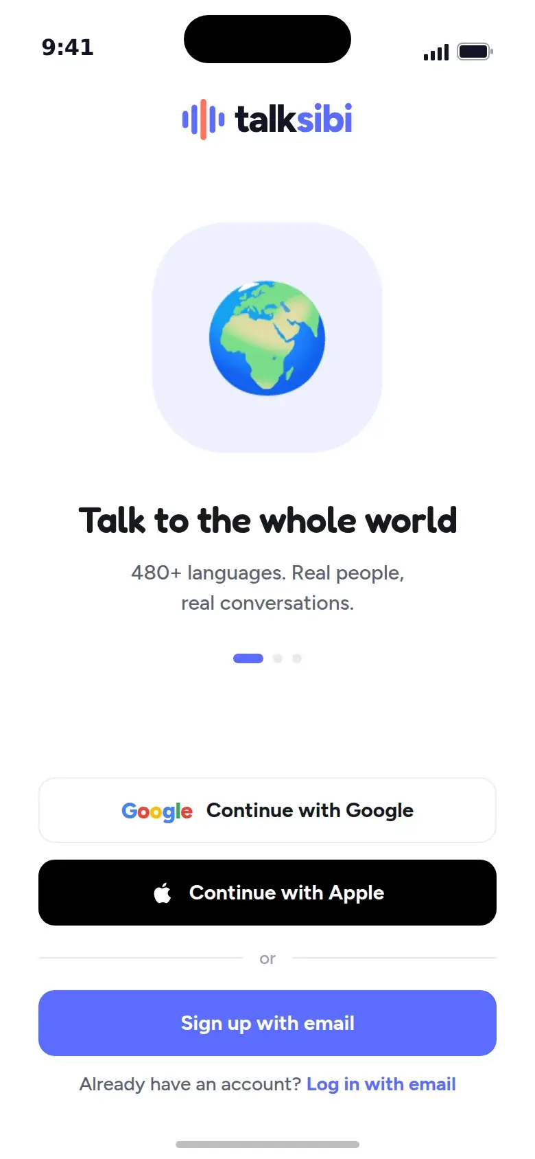 The talksibi sign-up screen: “Talk to the whole world”, with Google, Apple and email sign-up